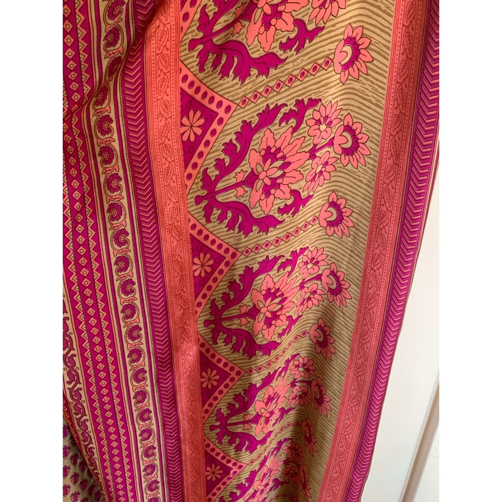 Vintage Indian Sari Pink Gold Floral Patterned Silk Blend Wrap Fabric 216x44"